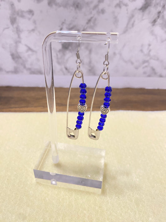 Blue Bead Safety Pin Earrings